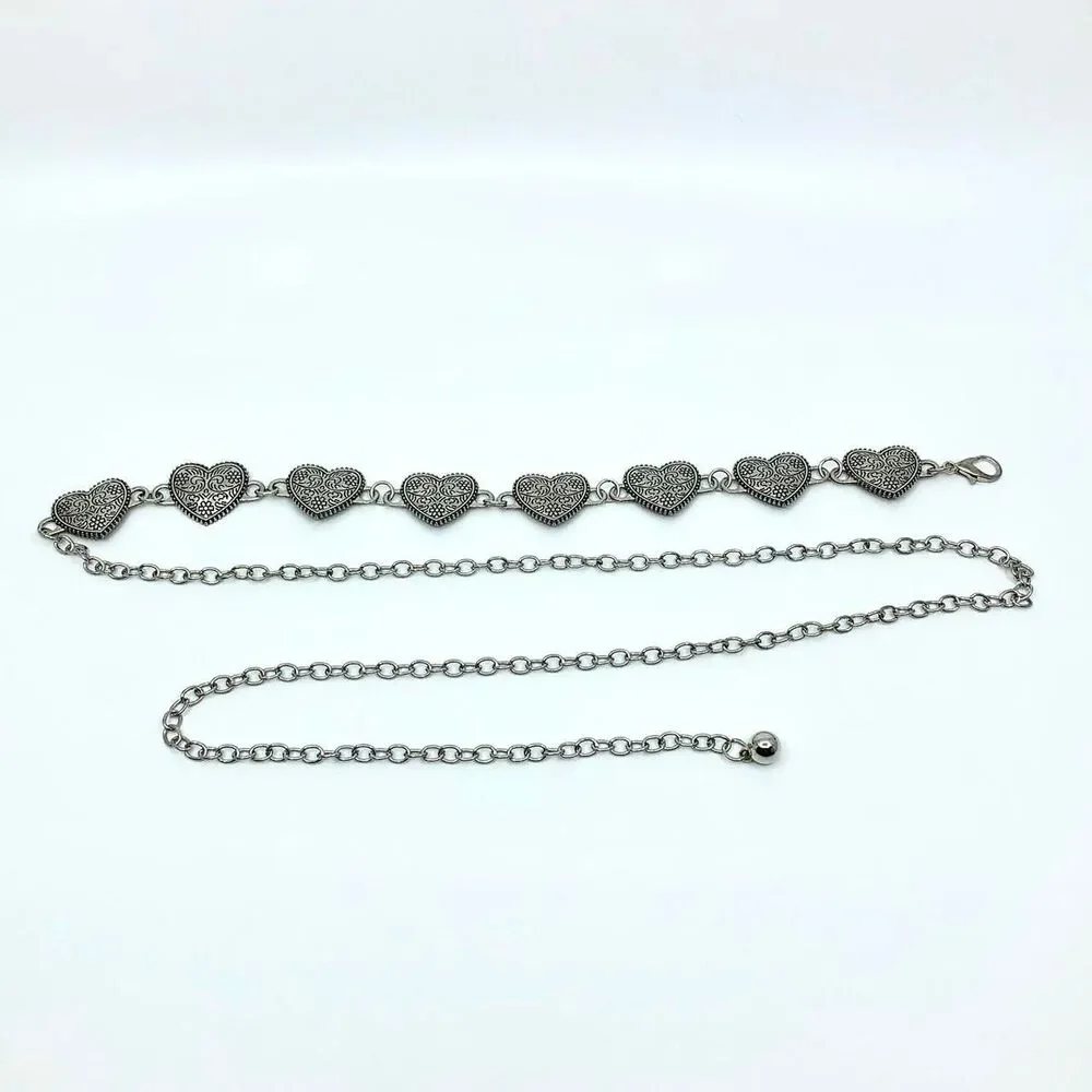 Vintage Y2K Ornate Silver Heart Chain Belt, Fits 13.5–44.5 Inches, X7GA1223